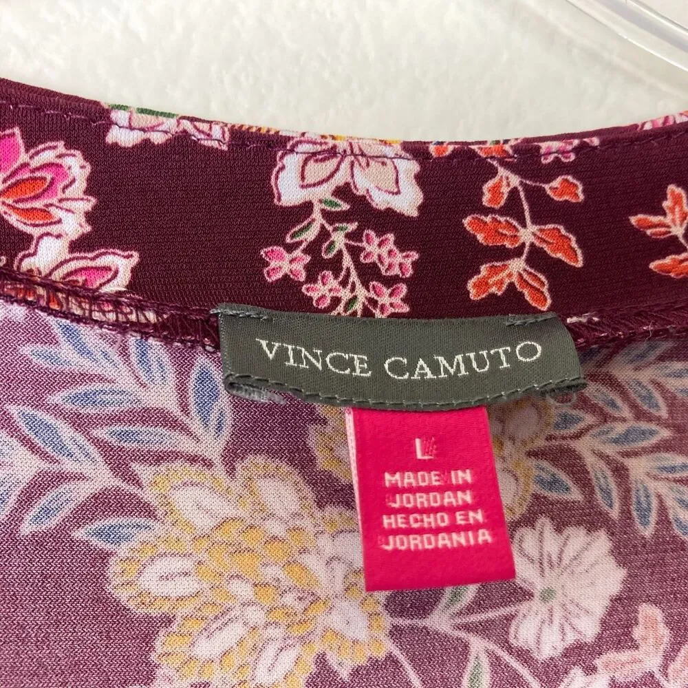 Vince Camuto Women's V-Neck Tunic Blouse Size L Brown Multi Floral Office Casual